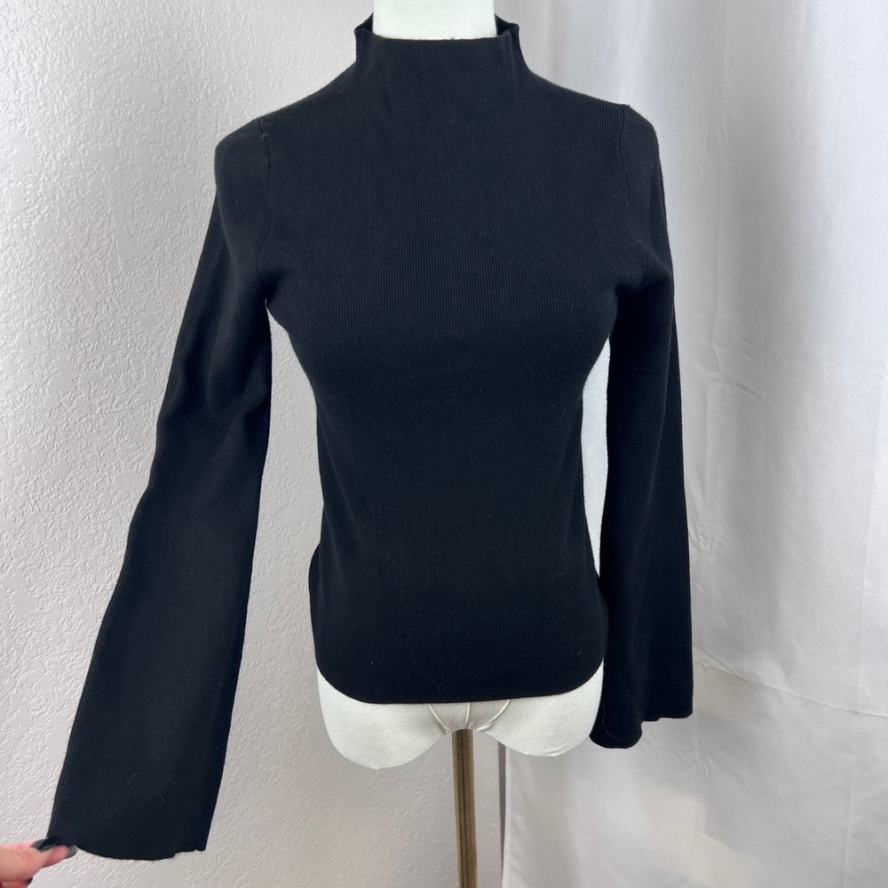 Maeve Anthropologie Mock Neck Sweater Womens Small Black Rib Bell Sleeve Minimal